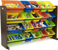Humble Crew Extra-Large Toy Organizer with 20 Plastic Bins – Dark Walnut/Neon Storage Rack with 4-Tier Shelves, Anti-Tip Safety, for Kids’ Rooms, Playrooms, Nurseries & Classrooms