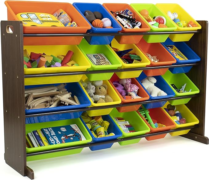 Humble Crew Extra-Large Toy Organizer with 20 Plastic Bins – Dark Walnut/Neon Storage Rack with 4-Tier Shelves, Anti-Tip Safety, for Kids’ Rooms, Playrooms, Nurseries & Classrooms