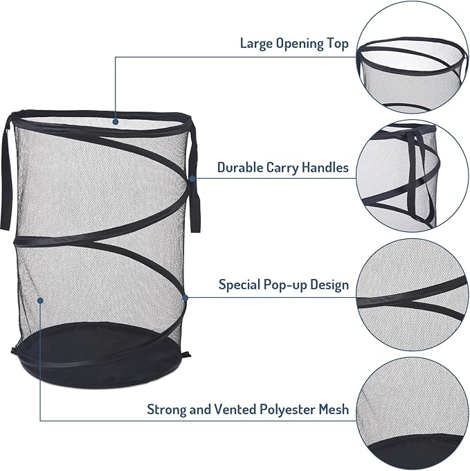 Seiritex Mesh Popup Laundry Hamper 115L Foldable Laundry Basket Extra Large Capacity Collapsible Clothing Storage Basket with Handles 26 H x 18 W x 18 L (Black)