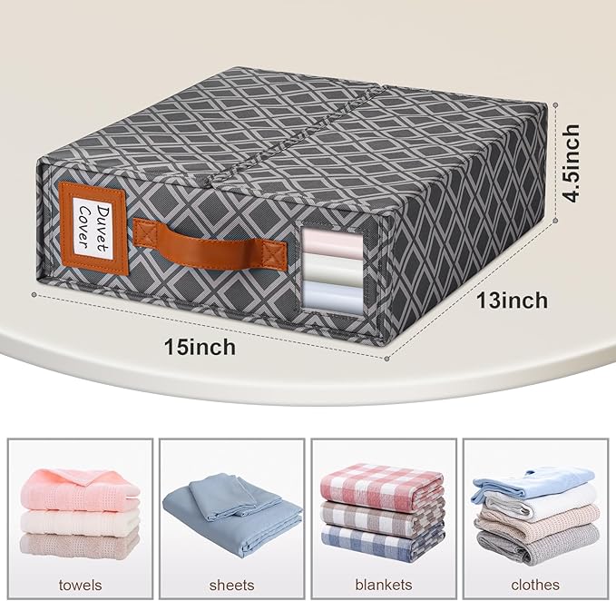 6 Pack Bed Sheet Organizers and Storage, (King & Queen Size) Sheet Organizer for Linen Closet, Foldable Bedding Storage Box with Window for Bedsheets, Duvet Cover and Pillowcase (Dark Grey 6 Pack)