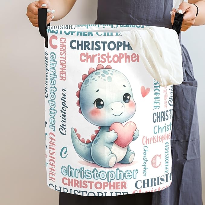 Large Custom Name Laundry Hamper, Dinosaur Personalized Dirty Clothes Hamper Storage Basket with Name for Bathroom Bedrooms, Customized Name Circular Hamper with Handles for Baby Boys Girls Men Women
