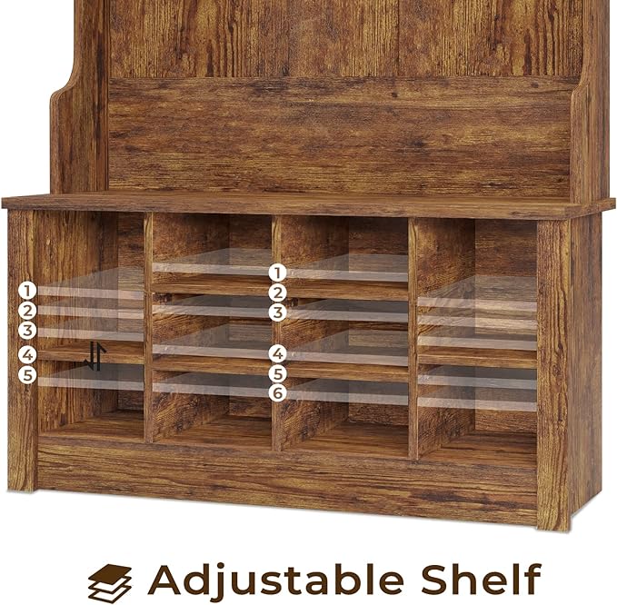Itaar Hall Tree with Bench and Shoe Storage, Entryway Bench with Coat Rack, Shoe Cabinet with Coat Hooks, Rustic Brown