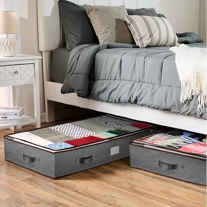 Under Bed Storage Bins - Pack Of 4 Under The Bed Storage Containers For Clothes, Blankets, Winter Clothing, & Shoes - Underbed Storage Containers With Handles, Dual Zippers, & Clear Top