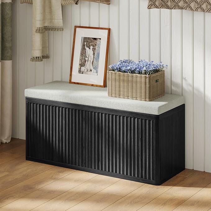 Double Layered Shoe Cabinet with Bench,Wooden Shoe Bench with Soft Cushion,Double Door without Handle Pressing Spring,Fluted Panel,Suitable for Entrance,Corridor and Living Room (Shoe Bench-Black)