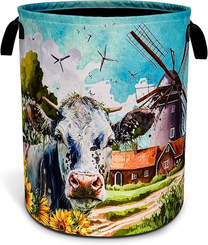 Cow Laundry Basket Farm Foldable Oxford Cloth Funny Tote Bag Laundry Hamper Clothes Storage Bucket Toy Organizer For Bathroom/Laundry Storage/Bedroom 18.9x16.5 Inch