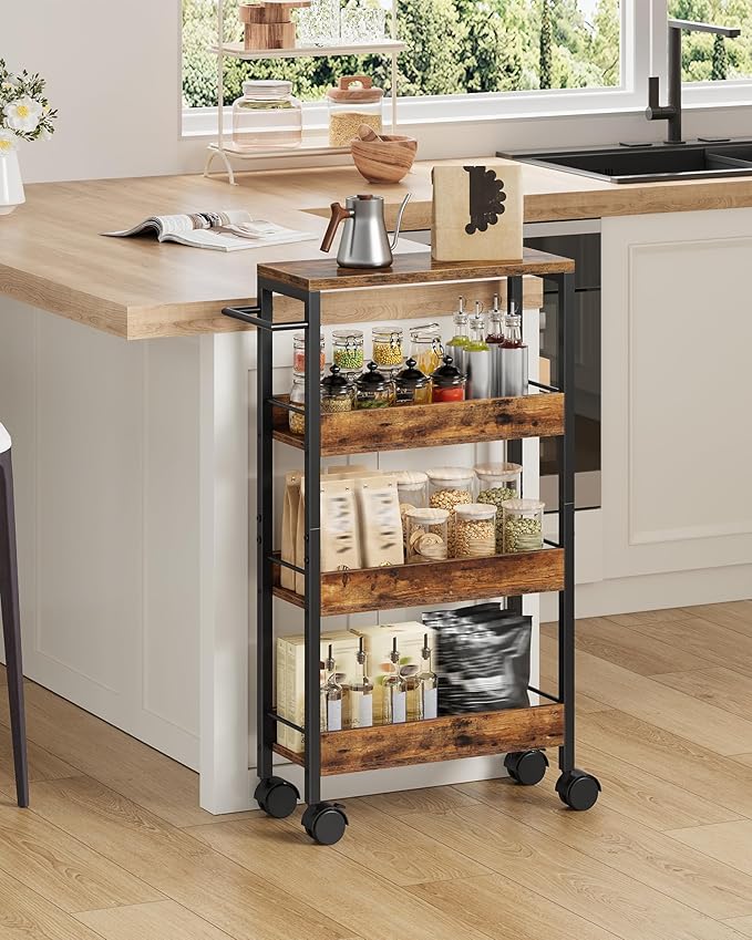 4-Tier Slim Storage Cart, 7.1'' Kitchen Serving Trolley, Slim Rolling Cart with Handle and Guard Rails, Slim Cabinet for Small Spaces, for Dining Room, Rustic Brown and Black TTC02BF