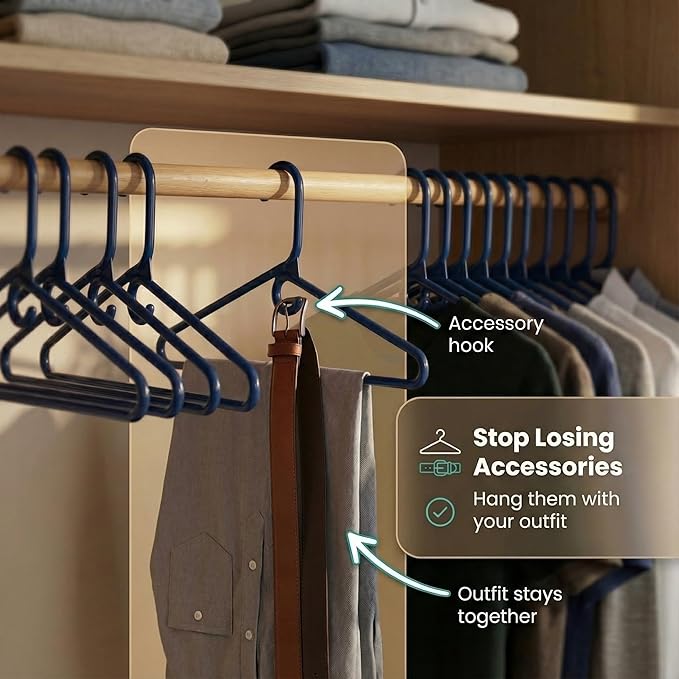DEILSY™ Navy Heavy Duty Hangers with Hooks for Scarves & Belts – Thick and Strong Clothes Hangers for Shirts, Jackets, Pants, and Dresses – Space-Saving Plastic Hangers – Pack of 50