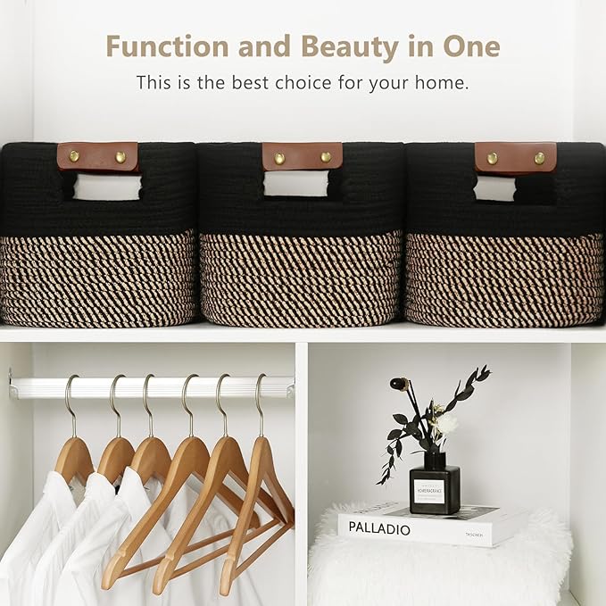 Cotton Rope Basket, Storage Baskets with Handle, 15x10x9 Inch Woven Basket for Shelves, Laundry, Towels, Clothes, Books, (Black Brown 3 Pack)