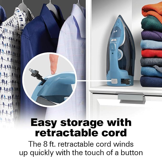 Hamilton Beach Steam Iron for Clothes & Garment Steamer with Durable Stainless Steel Soleplate, 1700 Watts for Ultra-Fast Heat, 8’ Retractable Cord, Auto Shutoff, 350 ml Water Tank, Blue (14216)