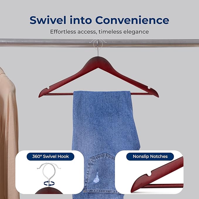 SereneLife Wooden Hangers 80 Pack - Durable & Slim Coat Hanger - Wood Hangers for Coats, Suits, Jackets, Closet & Pants - Suit Hanger with 360-Degree Rotatable Hook and Shoulder Grooves (Cherry Color)