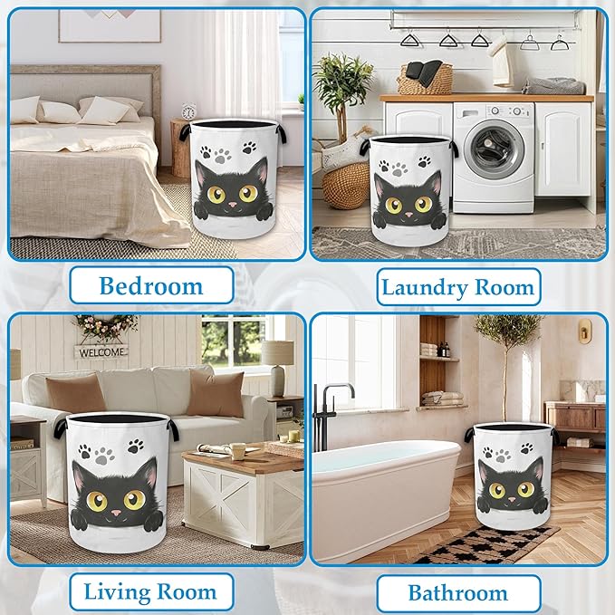 Cute Black Cat Laundry Basket Collapsible Laundry Hamper Oxford Clothes Toy Storage Bin for Bathroom Bedroom Room Decor 16 X 20.8 Inch