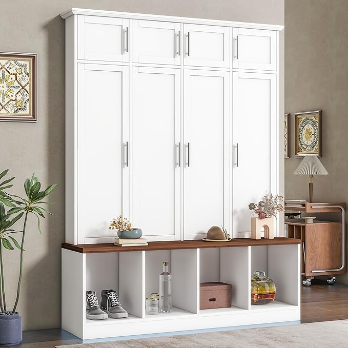 Multi-Functional Hall Tree with 4 Hidden Hanging Hooks, Brown Wood Grain Bench with Multiple Storage Space, Entryway Cabinet with Open Compartments for Living Room, Hallway (White-15.6)