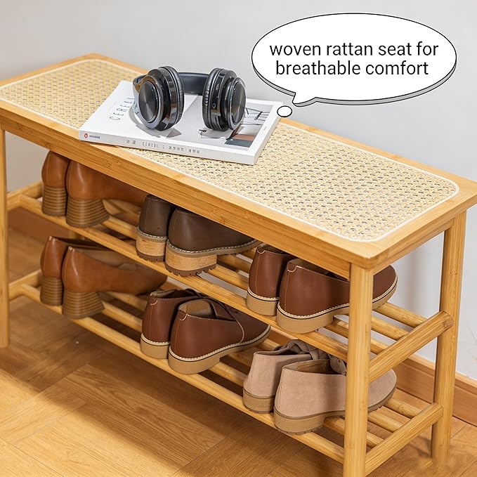 latifolia Shoe Rack Bench, 3-Tier Bamboo Shoe Bench with Breathable Rattan Seat Cushion, Shoe Storage Rack for Entryway(Nautre,39.70''L)