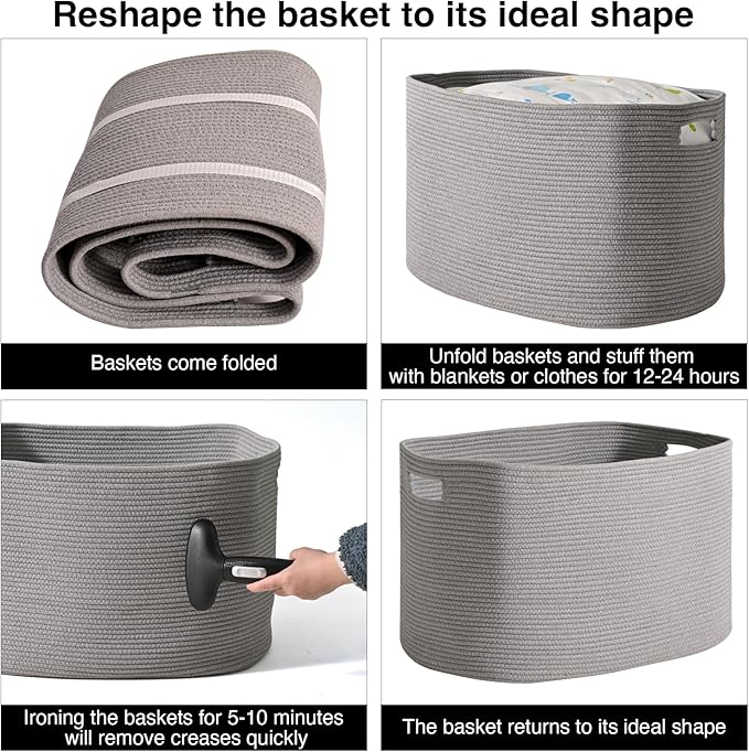 Large Grey Storage Basket, Blanket Baskets for Living Room, Large Toy Basket for Storage, Woven Cotton Rope Baskets for Blankets, Clothes, Shoes, Books, Grey, 25”x16”x16” (105L)