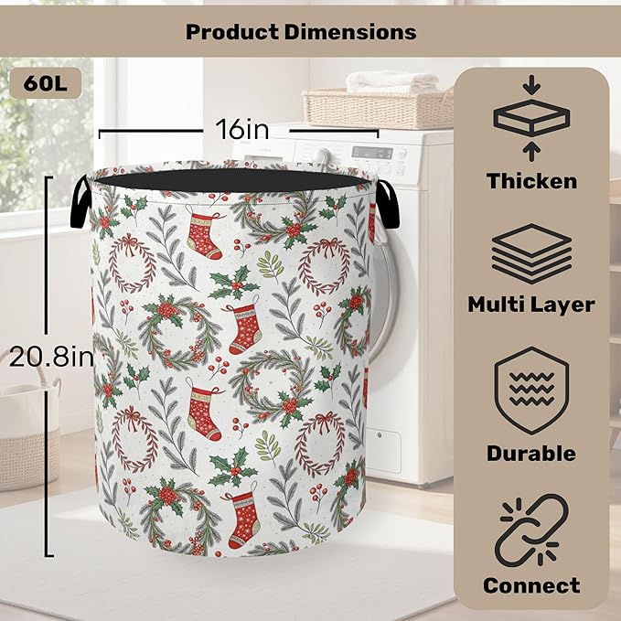 Christmas Foldable Laundry Hamper - Waterproof Fabric Storage Basket with Handles, Clothes Hampers for Laundry,Bedroom,Dorm