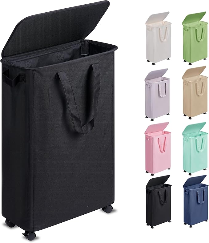 Slim Laundry Hamper with Lid and Wheels, Small Rolling Laundry Basket with Handle for Small Spaces, Tall Dirty Clothes Hampers for Dorm, Bathroom and Bedroom, 55L, Black