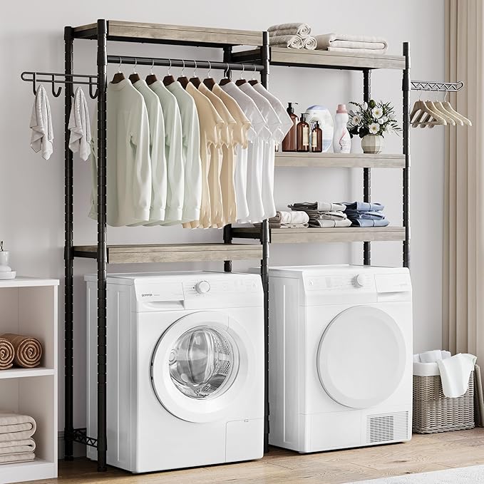 5-Tier Wood Over The Washer and Dryer Storage Shelf- Laundry Room Organization Space Saving Laundry Drying Clothes Racks Heavy Duty Adjustable Height Bathroom Shelf for Home Decor 65"L*12"D*74"H