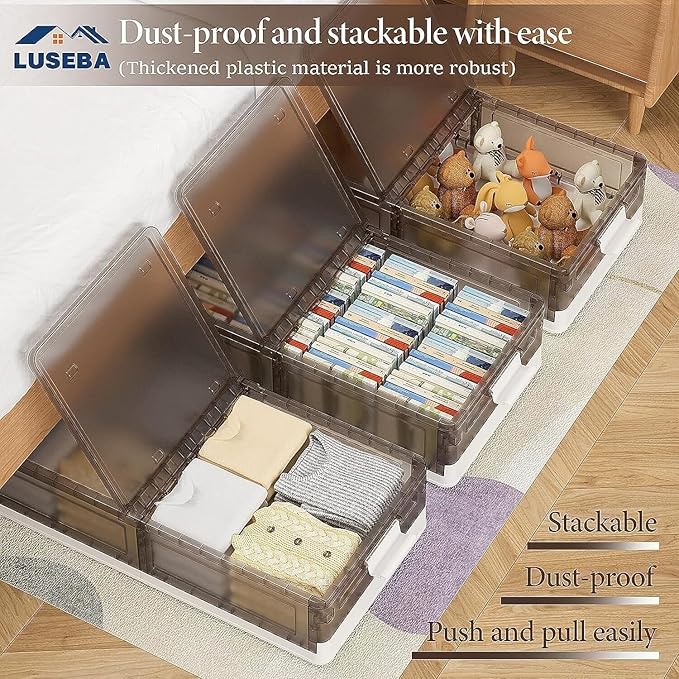 Under Bed Storage Containers - 3Pack, Stackable Under Bed Rolling Storage Plastic Containers, 13.5Gal Storage Bins with Wheels, Multi-purpose Storage Bins with Lids for Clothes, Shoes, And Duvets