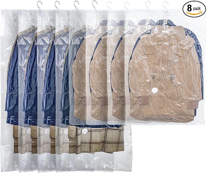 Hanging Vacuum Storage Bags,Hanging Vacuum Sealer Storage Space Saver Bags for Clothes, Suits, Coats, Dresses or Jackets, Reusable Compressed Vacuum Bags Closet Organizers,8 Pack(4 Long,4 Short)