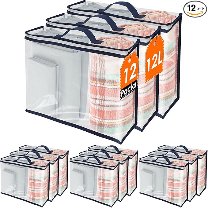 12 Pack Clear Storage Bags with Zipper,12L Plastic Blanket Storage Bags Waterproof Moving Bags Foldable Closet Organizer Handle for Clothing Bedding Linen Sweater Bed Sheet Clothes,15.7x11.8x3.9 Inch