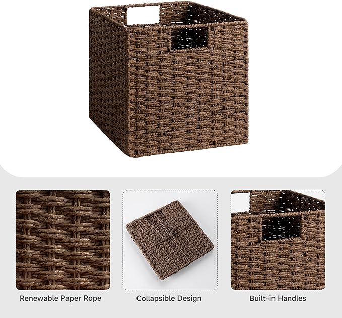 StorageWorks 11 inch Wicker Storage Cubes, Handwoven Cube Storage Bin, Square Cubes Basket, Foldable Paper Rope Basket for Organizing, Brown, 2 Pack