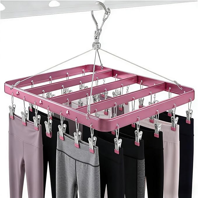 Clothes Drying Racks Clip Hangers Metal with 36 Clips Windproof Hook Underwear Hanger Foldable Laundry Clip for Socks Bras (Pink)
