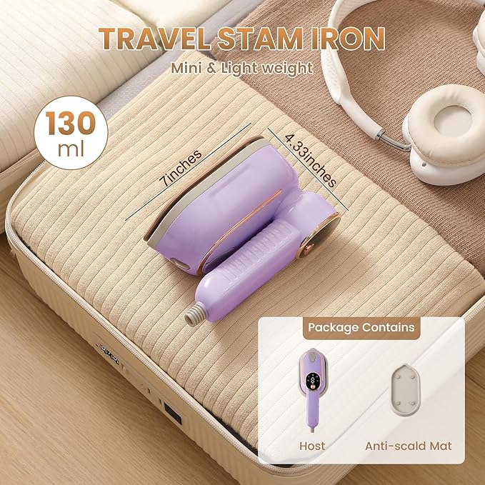 Portable Clothing Steamer, 1000W Clothing Wrinkle Remover, 3+1 Steam Adjustment Multifunctional Hanging Iron with LED Digital Display Screen, 130ml, with Water Shortage Warning, Safe Use (Purple)