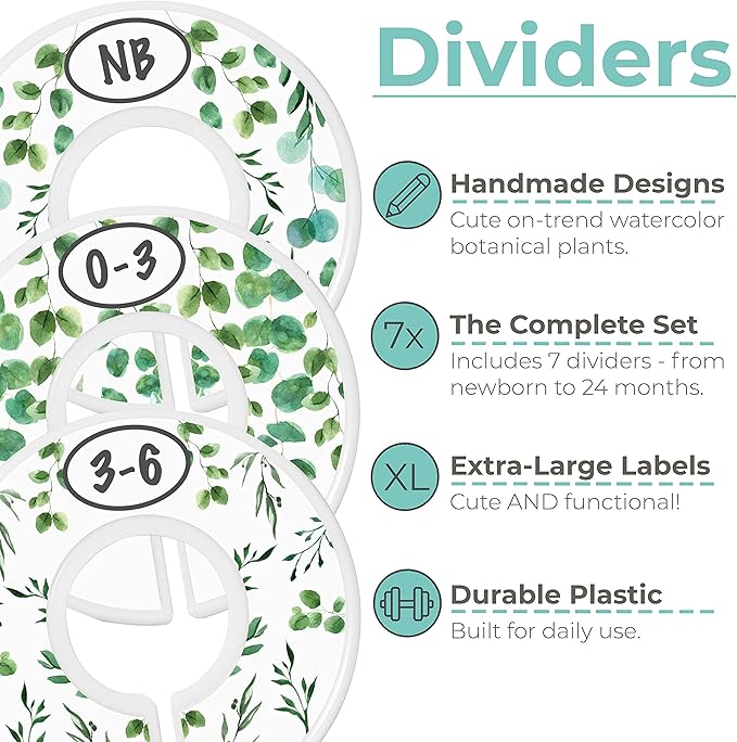 Baby Hangers and Closet Size Dividers - 7X Botanical Clothing Dividers with 20x Velvet Hangers for Baby Closets - Nursery Clothes Organizer - Eucalyptus Vines Leaf Plant Greenery Décor [Botanical]