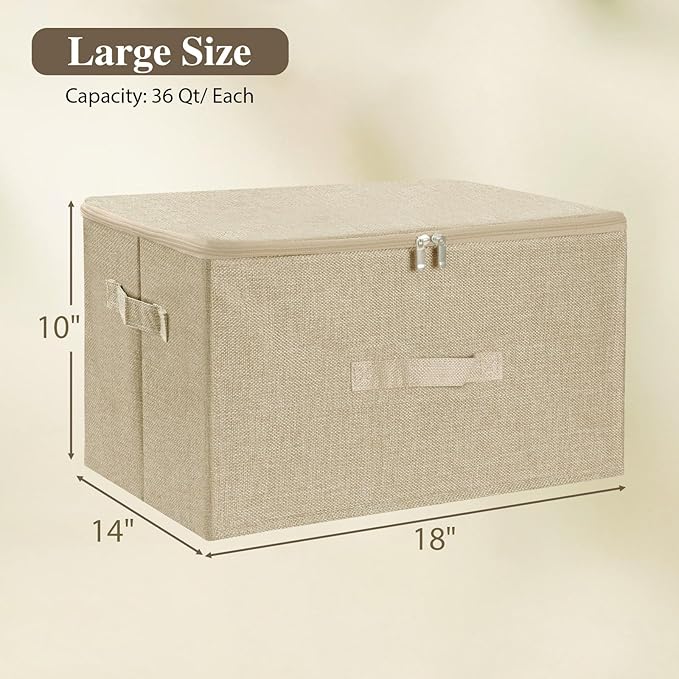 ANMINY Storage Bins with Zipper Lids 36 Qt Lidded Fabric Storage Boxes Baskets Cubes with Handles Collapsible Washable Cotton Linen Closet Shelf Clothes Organizer Containers - Beige, Large