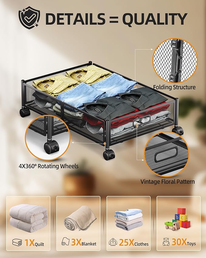 Under Bed Organizer, Storage Bins Under Bed, 60L Underbed Storage Bins for Bedroom Clothes Shoes Blankets (Black, 4 Pack)