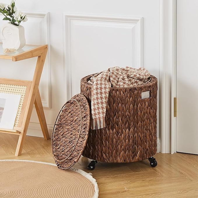 Wimarsbon Vintage Storage Basket, Multipurpose Rolling Hamper With Brakable Wheels and Lid, Braid Laundry Bin, Handwave Clothes Toy Organizer Tote for Living Room