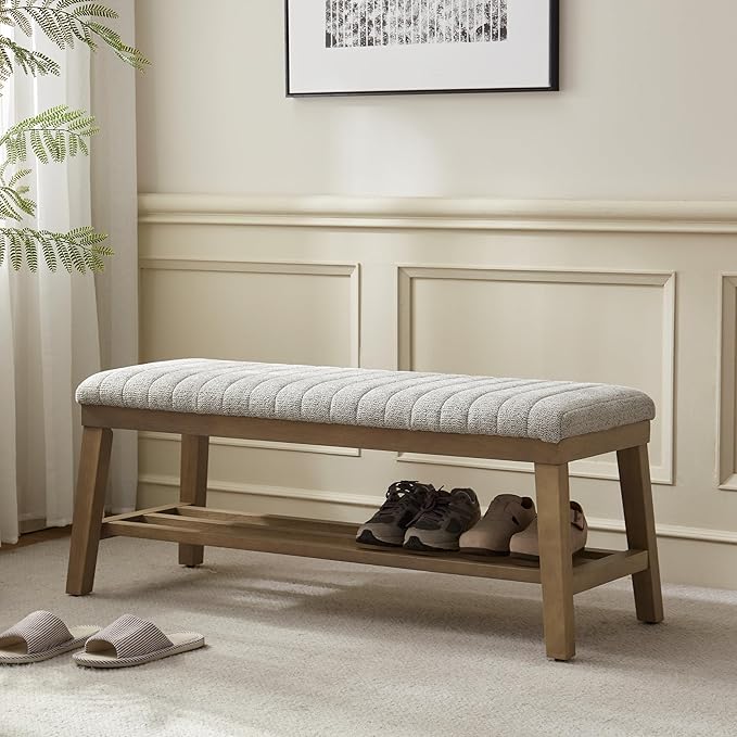VKNOW Entryway Bench, 44.4" Upholstered Storage Shoe Bench for Entryway & Bedroom, Shoe Rack Bench with Rubberwood Legs, Modern End of Bed Bench for Living Room and Hallway, Beige