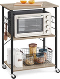 VASAGLE Kitchen Shelf on Wheels, 23.6 Inches Serving Cart with 3 Shelves, Kitchen Cart, Microwave Shelf, for Mini Oven, Toaster, with 6 Hooks, Industrial Style, Heather Greige and Ink Black UKKS060B02
