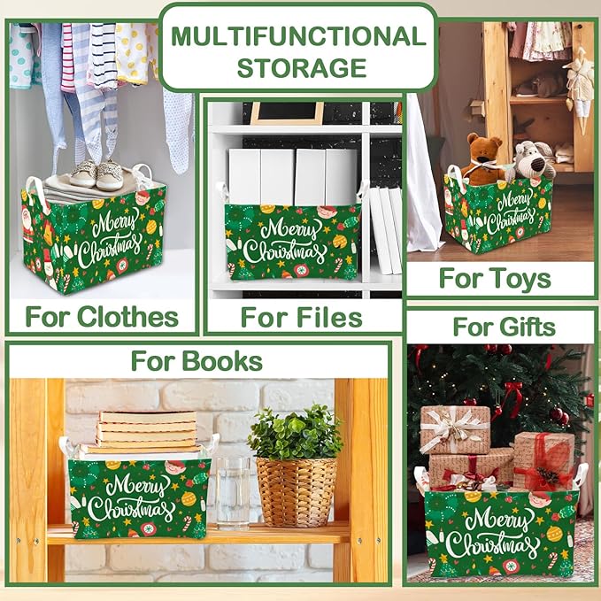 1 Pcs Merry Christmas Storage Basket, Santa Claus Storage Bins, Green Themed Foldable Storage Boxes, Christmas Boxes for Nursery Toy and Costume, Xmas Party Decoration Gifts