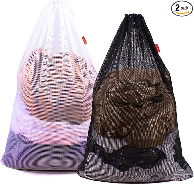 2 Pack Mesh Laundry Bags, 24 x 36 Inches Heavy Duty Drawstring Bag, Factories, College, Dorm, Travel and Apartment Dwellers, Black&White