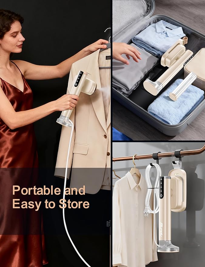Steamer for Clothes Portable Handheld Garment Steamer,15s Fast Heat-up,100ml,180ml Tank,Steamer Ironing Gloves,35 Minutes of Continuous Ironing for Travel and Home (Pale Gold)