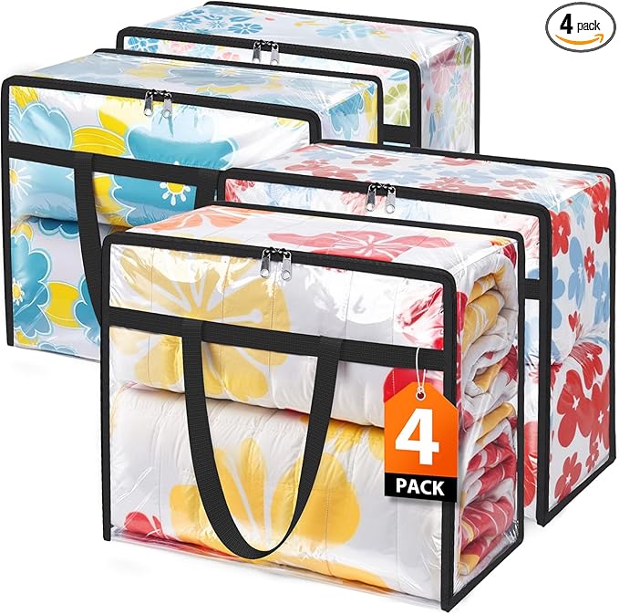 Clear Clothes Storage Bags, 4 Pack Closet Organizers and Under Bed Storage Containers, Foldable Moving Bags with Zippers for Comforter, Blanket, Bedding, Duvet, PVC Packing Bags 60L