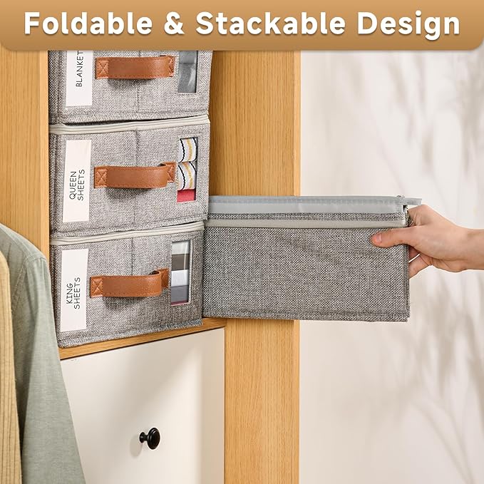 4pack Bed Sheet Organizer, Foldable Linen Closet Organizers and Storage with Sealed Design, Queen & King Size Sheet Storage with Window, Closet Organizer for Bedsheets/Blankets/Clothes, Linen
