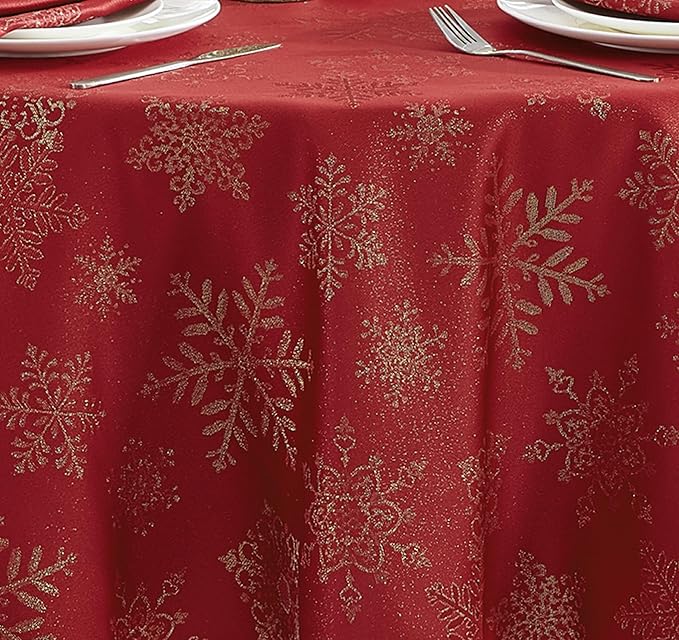 Newbridge Fancy Metallic Snowflake Christmas Fabric Tablecloth, 60 x 84 Inch Oval, Red Gold, No-Iron Soil Resistant Sparkling Snowflakes Woven Holiday Table Cover
