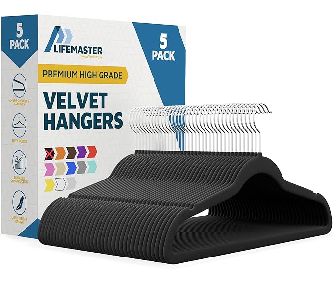 Lifemaster Velvet Clothes Hangers – with 360 Degree Swivel Hook and Non-Slip Shoulder Notch, Holds Up to 10 lbs, Heavy Duty Hanger Set, for Organizing Suit, Dress, Coat, and Clothes, Pack of 5, Black