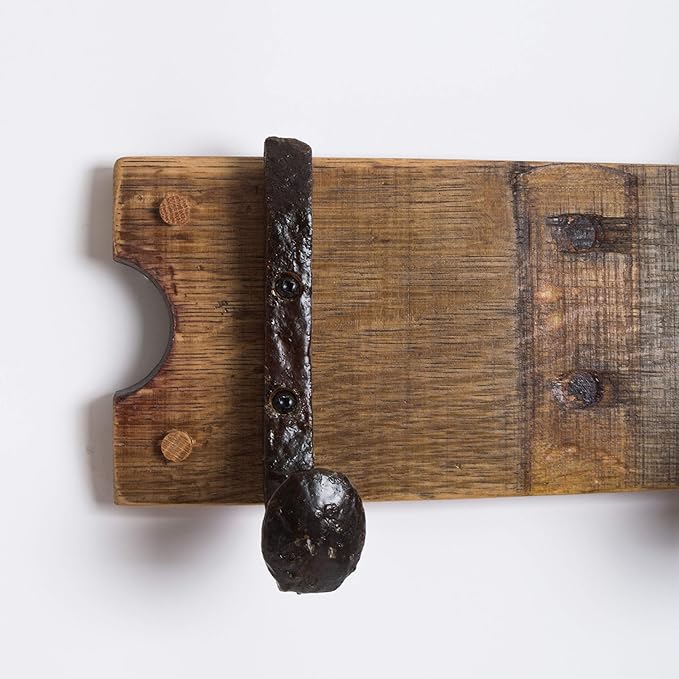 Wine Barrel Coatrack with Bent Railroad Spike Hooks