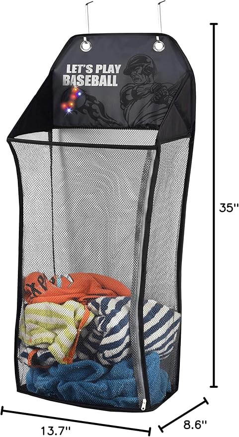 Store & Score Over The Door Hanging Kids Fun LED Baseball Light-Up Collapsible Mesh Laundry Hamper Basket, Toy Chest, Heavy Duty Metal Hooks Included. Patent Pending
