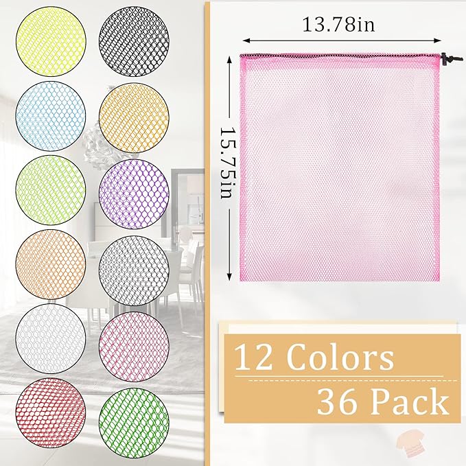 36 Pcs Mesh Laundry Drawstring Bag 13 x 15.5 Inch Mesh Equipment Nylon Net Bag with Cord Lock Closure for Beach Travel Pool Toy Storage