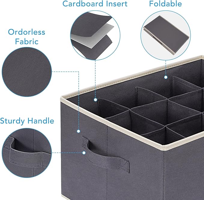 6 Pcs 12 Cell Large Size Pants Organizers for Clothes, Jeans, Sweater, T-shirt, Dress Stackable for Wardrobe Closet Drawer Organizer Storage Bin Container, Dark Grey