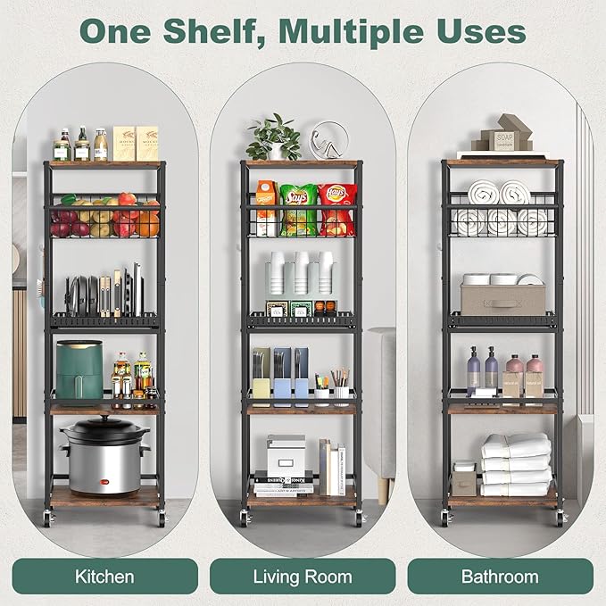 Housolution 5 Tier Kitchen Rolling Cart, Storage Cart with Metal Fruit Vegetable Basket and Pull-Out Pot Lid Cutting Board Organizer, Storage Rack with Wooden Top for Kitchen, Pantry, Bathroom