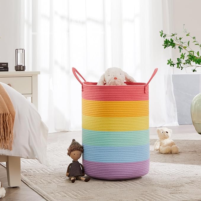 20 Inches Rainbow Baby Girls Kids Hamper Laundry Basket for Nursery Toddler Clothes Blanket Toy Storage Woven Rope Unicorn Hamper in Playroom Bedroom 60L Large