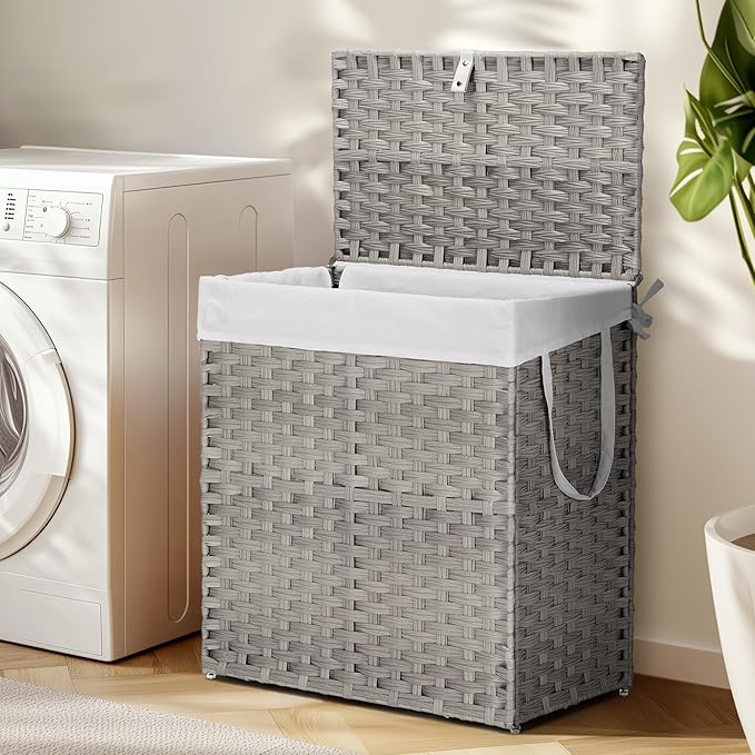 NEWBULIG Foldable Laundry Hamper with Lid, 29.1 Gallon (110L) Large Capacity Clothes Basket, Three Insert Storage Organizer Bin for Bedroom, Bathroom & Laundry Room, Grey