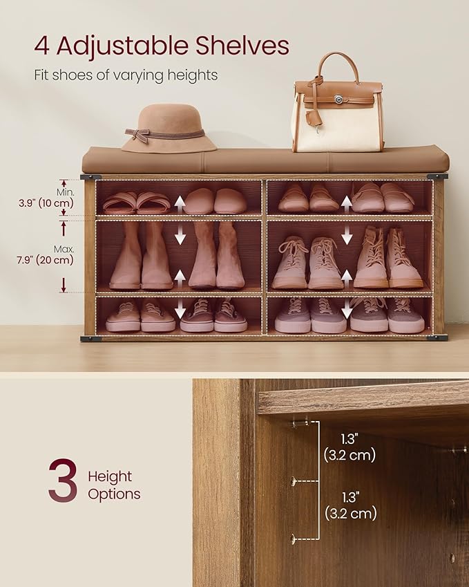 VASAGLE Shoe Storage Bench with Removable Cushion, Shoe Rack with Padded Seat, Entryway Bench with 6 Open Compartmens, Adjustable Shelves, for Hallway, Bedroom, Honey Brown ULSB105K01