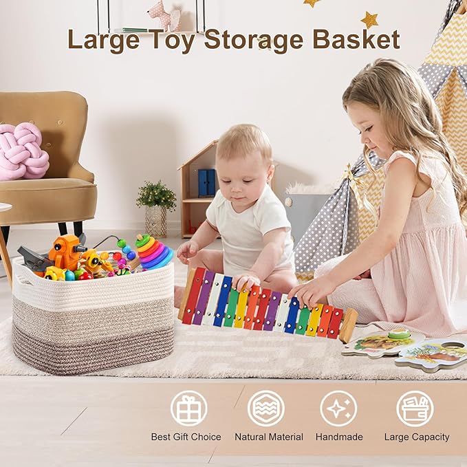 gradient Yellow Laundry Basket with handle - 21"×17"×12" Large woven Cotton Rope blanket basket,storage basket for Blankets,Baby Toys & Clothes (Fits Bathroom,Nursery, bedroom,Living Room)