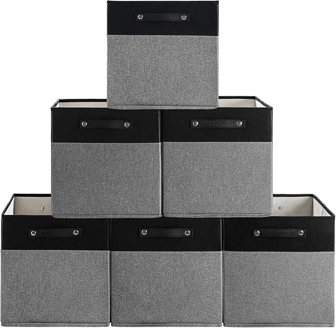 13 x 13 Inch Fine Linen Storage Bins with Handles，Fabric Cube Boxs，Basket Organizers for Shelves for Home, Closet Drawers (Black/Gray-6 Pack)